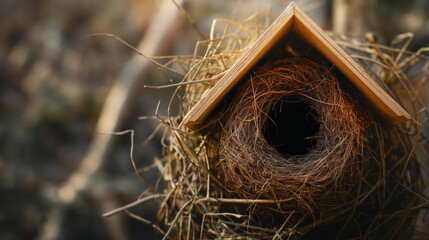 A solitary birdhouse with a vacant nest inside, placed in a serene environment, evokes a sense of tranquility and home. - Powered by Adobe