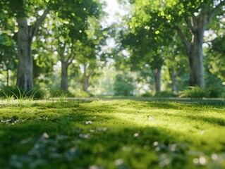 A lush green forest with trees and grass. The sunlight is shining through the trees, creating a peaceful and serene atmosphere