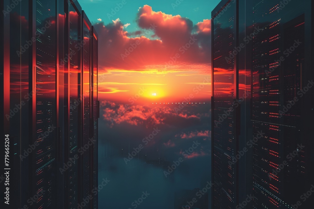 Poster a vibrant sunset view observed through the window of a server, displaying an array of colors on the 