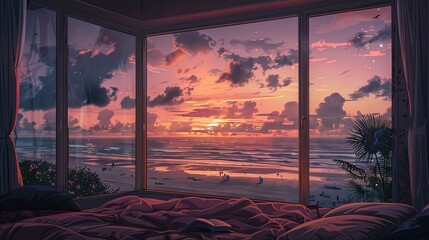 Modern bedroom with large windows showcasing a stunning sunset over a lively beach, reflecting pink hues on the sea. Sunset Beach View from Modern Bedroom Window lofi anime cartoon

