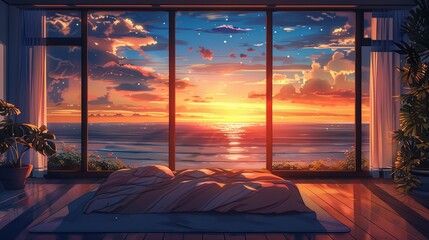 A serene bedroom overlooking a stunning beach sunset, with a comfortable bed and vibrant indoor plants. Sunset View from Cozy Beachfront Bedroom
 lofi anime cartoon
