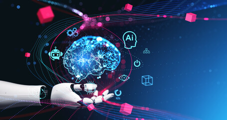 Robot hand with AI brain hologram, chat bot icons. Ai generative illustration