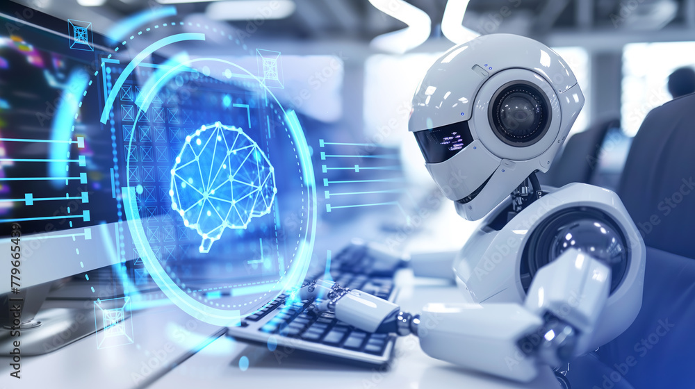 Poster robot working in computer, digital ai brain hologram. ai generative illustration