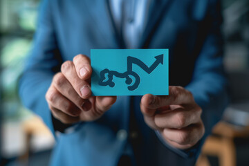 Businessman holds up an arrow icon and percentage with graph indicators for investment growth.