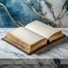 an antique opened book with blank pages placed against a backdrop of elegant white and blue marble. Pay attention to the fine details of the book's binding and pages, adding subtle shading and highlig - obrazy, fototapety, plakaty