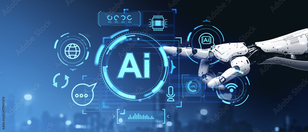 Poster robot finger touch ai hologram and machine learning. ai generative illustration