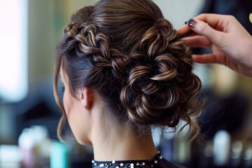 A woman sits at a salon chair as a hair stylist works on styling her hair, A professional hairdresser creating a stylish updo, AI Generated