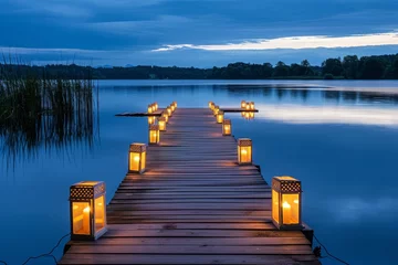 Foto op Plexiglas Lanterns emit a warm glow as they line the dock, creating a captivating sight, A private jetty extending into a calm lake at twilight, lined with paper lanterns, AI Generated © Ifti Digital