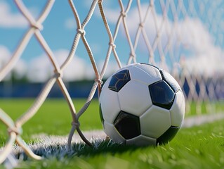 Naklejka premium soccer ball in goal, realistic photo, green background