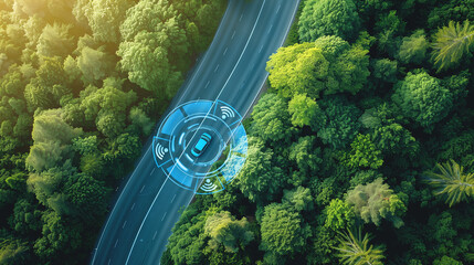 Drone view of autonomous smart car in the forest. Ai generative illustration