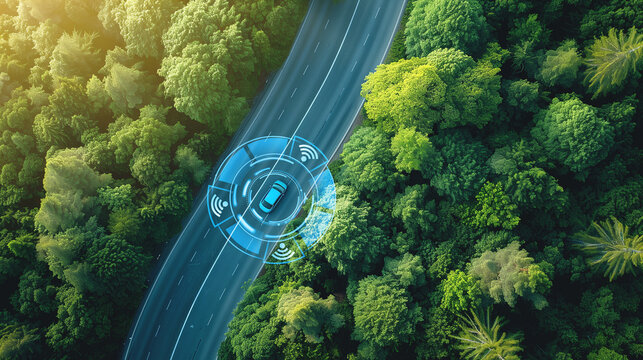 Drone view of autonomous smart car in the forest. Ai generative illustration