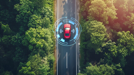 Top view of autonomous smart car in the forest. Ai generative illustration