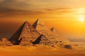 A stunning photograph of a collection of pyramids towering over the desert landscape during a...