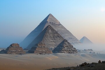 The iconic Pyramids of Giza stand tall amidst the fog in the desert, creating an enigmatic and atmospheric scene, A pyramid complex in Egypt at dawn, AI Generated - obrazy, fototapety, plakaty