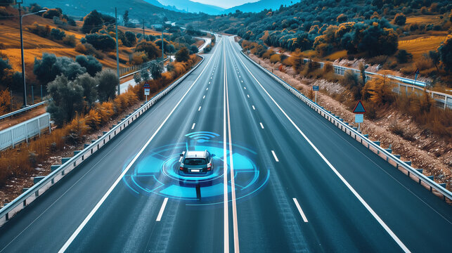 Top view of autonomous smart car driving on the road. Ai generative illustration