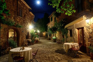 A cobblestone street illuminated by streetlights, featuring tables and chairs set up for outdoor...