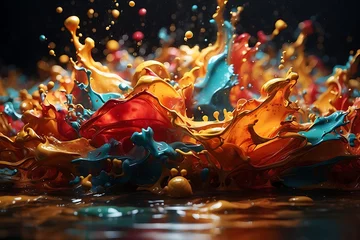Zelfklevend Fotobehang Abstract Colorful paint splashes isolated on black background. 3d render © ASGraphics