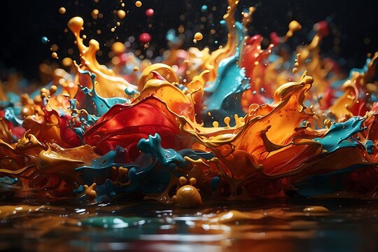 Abstract Colorful paint splashes isolated on black background. 3d render