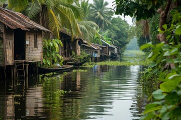 A row of houses situated on the side of a river, creating a charming riverside scene, A quiet backwater with traditional boathouses, AI Generated - obrazy, fototapety, plakaty