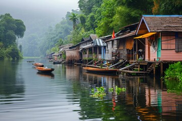 A photo capturing a row of houses situated on the side of a river, emphasizing the picturesque scenery and architectural diversity, A quiet backwater with traditional boathouses, AI Generated