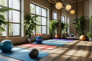 A spacious room filled with numerous yoga mats set up for a yoga class, A quiet corner of a gym with yoga mats and medicine balls, AI Generated