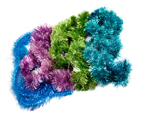 Christmas tree tinsel for New year and Christmas. blue, green, gray, red. on an isolated white...