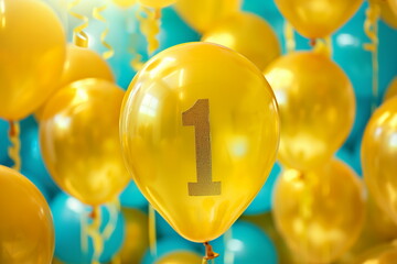 Yellow helium floating balloon with number one. Baby birthday party for 1 years celebration.	