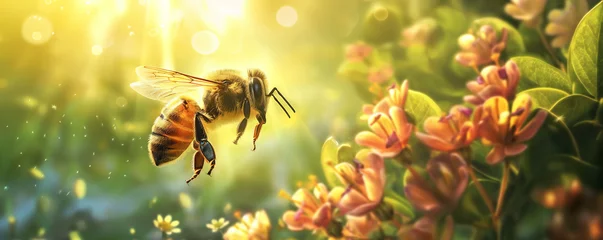 Deurstickers a beautiful depiction of a bee in mid-flight approaching blooming flowers, It’s a serene scene that showcases the beauty of nature  © Goodhim
