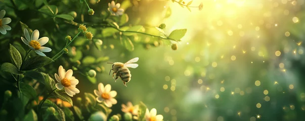 Schilderijen op glas a beautiful depiction of a bee in mid-flight approaching blooming flowers, It’s a serene scene that showcases the beauty of nature  © Goodhim