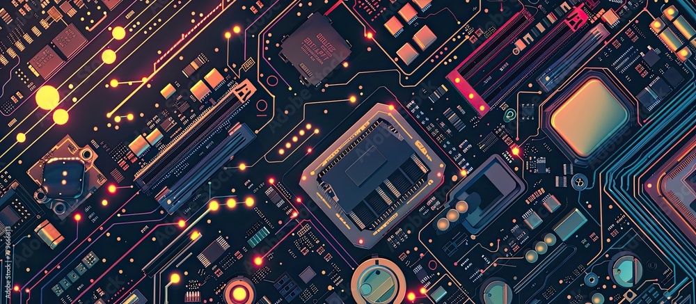 Poster vibrant array of colored lights illuminating a close-up of a computer circuit board, showcasing intr
