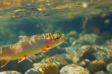 A vibrant fish with rainbow hues gracefully swims through the crystal-clear water, A rainbow trout swimming in a clear mountain stream, AI Generated