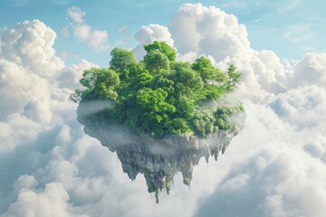 A photograph capturing a surreal scene of a landmass suspended in the sky surrounded by clouds, A representation of cloud storage envisioned as a lush, floating island, AI Generated - obrazy, fototapety, plakaty