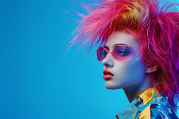 A vibrant woman with bright pink hair wearing sunglasses poses for a photo, A riotous hairstyle from the 80s, complete with hair spray and bold colors, AI Generated