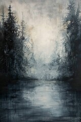 Gemälde eines mysteriösen, dunklen Waldes, geheimnisvolle Bäume im Nebel, Hintergrund für einen Krimi oder Thriller