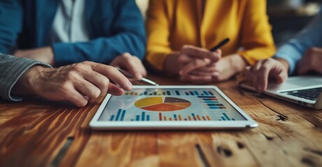 Group of diverse business professionals analyzing financial data on digital tablet with chart on screen