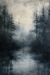 Gemälde eines mysteriösen, dunklen Waldes, geheimnisvolle Bäume im Nebel, Hintergrund für einen Krimi oder Thriller - obrazy, fototapety, plakaty