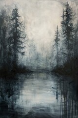 Fototapeta na wymiar Gemälde eines mysteriösen, dunklen Waldes, geheimnisvolle Bäume im Nebel, Hintergrund für einen Krimi oder Thriller