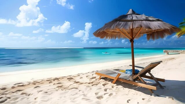 Sun lounger and beach umbrella on the sandy beach by the sea
