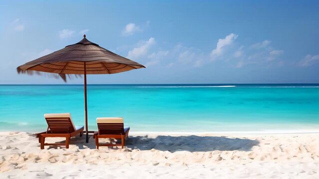 Sun lounger and beach umbrella on the sandy beach by the sea