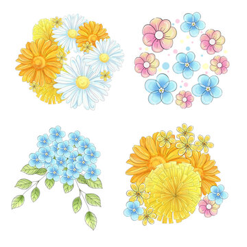 Watercolor set springtime circle buckets of primroses. Dandelion, Chamomile and daisy. Beautiful flowers for invitation, wedding, printing, textile, greeting card