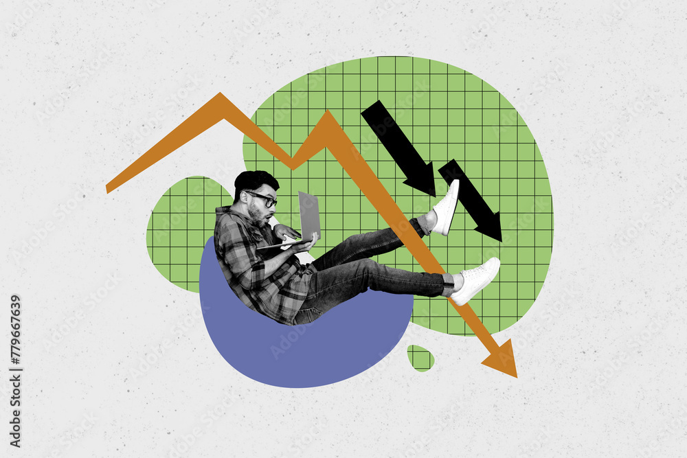 Poster composite photo collage of astonished man hold macbook sit beanbag type trader fall arrow down decli