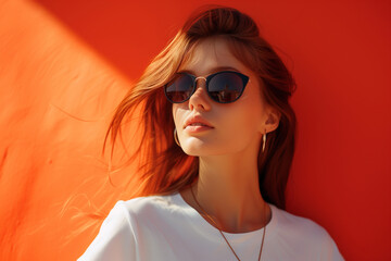 Radiant young woman with flowing hair and oversized sunglasses, enjoying the sunshine against an orange wall.