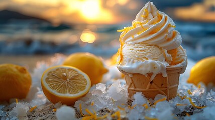 A lemon ice cream cone with a lemon slice on top