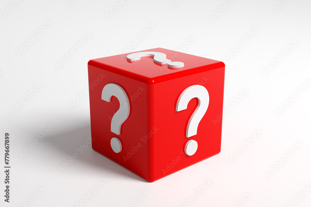 Poster question mark symbols on a red dice on white background. 3d render.