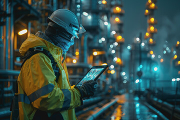 Worker in safety gear using a tablet to monitor nocturnal activities at an industrial plant