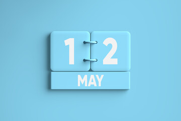 Blue Calendar with May 12 Mothers day of the year 2024 on blue background.
