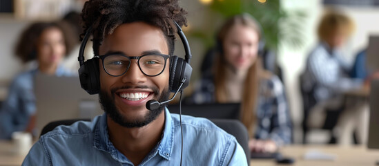 A smiling man wearing a headset at a help desk, with blurred colleagues in the background, representing customer support. Generative AI