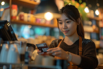 A focused female barista in an apron attentively processes a credit card transaction amidst a bustling coffee shop.