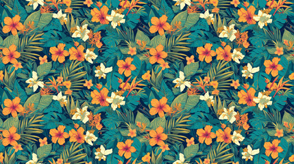 Fototapeta premium Raindrops on bright, exotic flowers, seamless rainforest pattern,