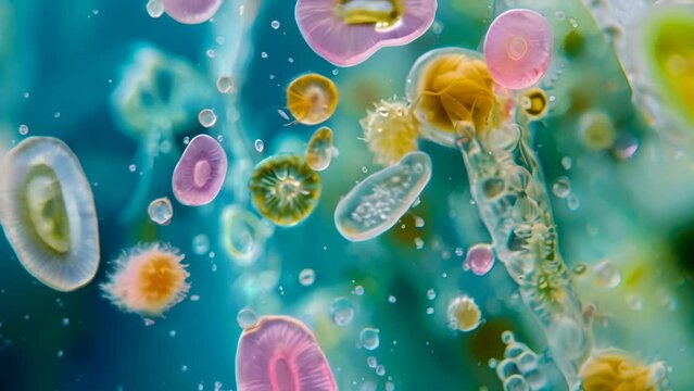 A drop of water with timing protozoa: amoebas, infusoria slippers, euglena under a microscope 